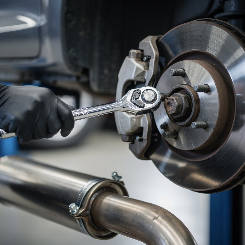 Edie's Tire Shop technician performing expert exhaust and brake repair services in San Diego